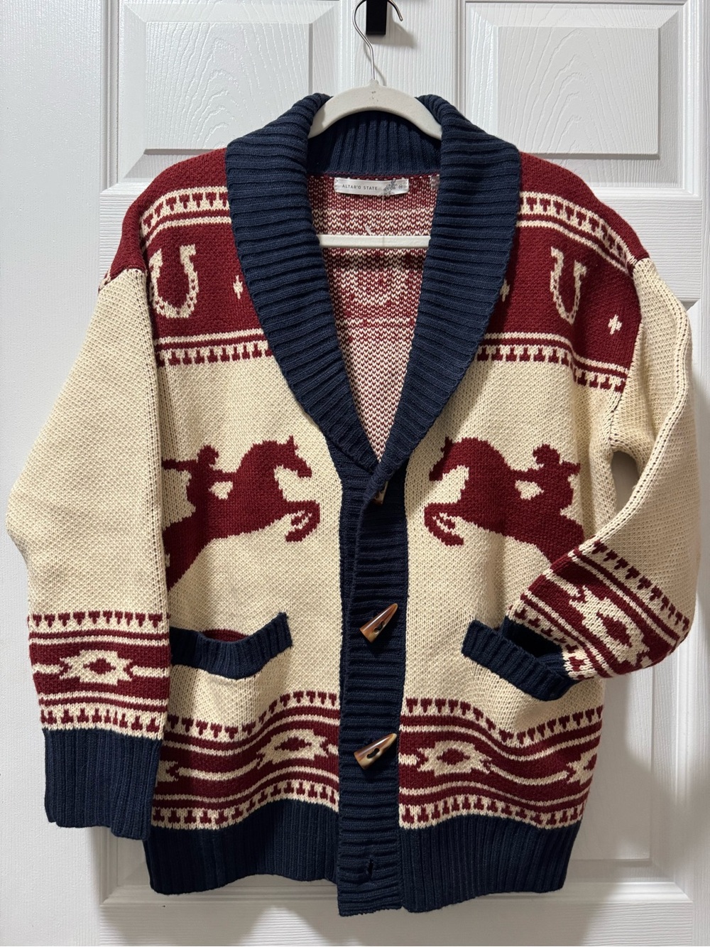 Altar'd State Cream, Burgundy & Navy Horse Motif Shawl Cardigan